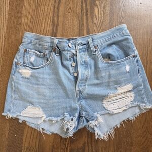 Levi's 501 Light Blue Distressed Denim Button-Fly Shorts